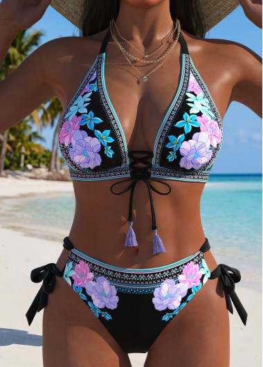 women clothes image of Multi Color Mid Waisted Lace Up Bikini Set