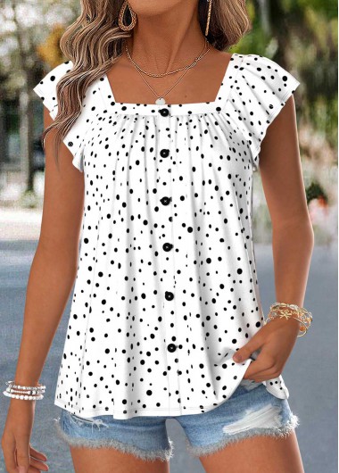 women clothes image of Raw White Polka Dot Curved Hem Short Sleeve Blouse