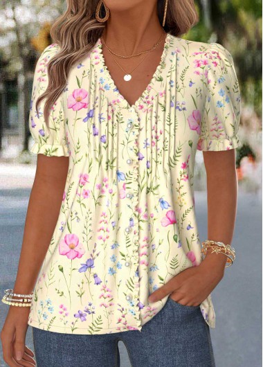 women clothes image of Light Yellow Floral Print Frill Short Sleeve T Shirt