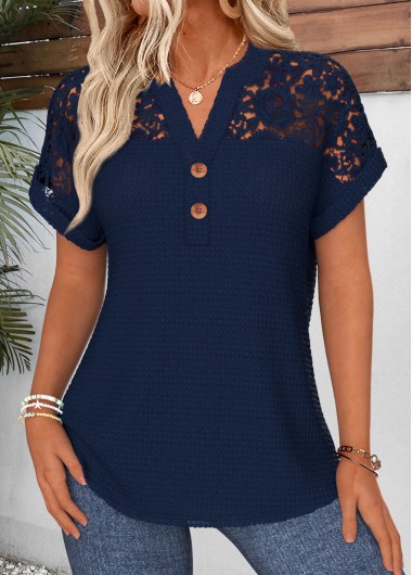 women clothes image of Navy Tummy Coverage Short Sleeve Split Neck Blouse