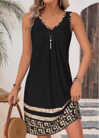 women clothes image of Black Tribal Print Short Shirred Sleeveless V Neck Dress