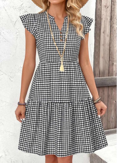 women clothes image of Black Gingham Print Short Ruffle Split Neck Dress