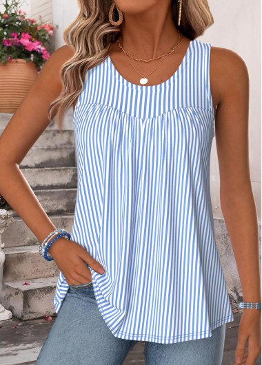 women clothes image of Blue Striped Curved Hem Sleeveless Scoop Neck Tank Top