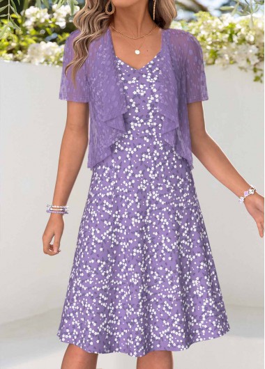 women clothes image of Light Purple Ditsy Floral Print Dress and Cardigan