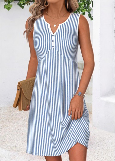 women clothes image of Dusty Blue Striped Short Tummy Coverage Sleeveless Dress