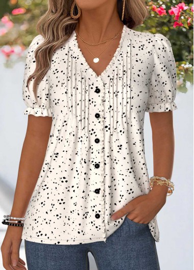 women clothes image of Beige Geometric Print Frill Short Sleeve T Shirt