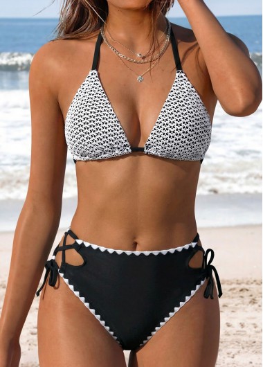women clothes image of Black Mid Waisted Patchwork Bikini Set