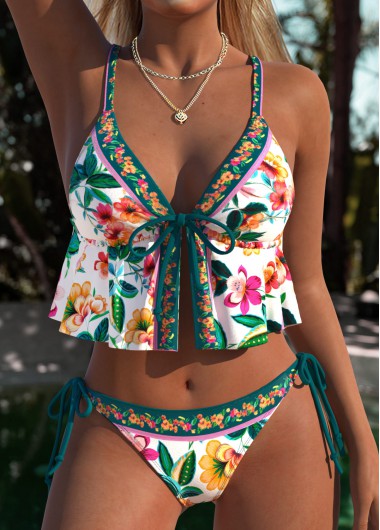 women clothes image of Turquoise Low Waisted Two-piece Random Floral Print Bikini Set