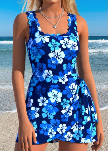 women clothes image of Royal Blue Twist Floral Print One Piece Swimdress