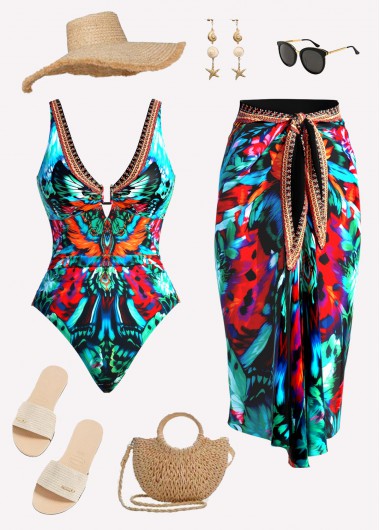 women clothes image of Multi Color Grommet Leopard One Piece Swimwear and Sarong
