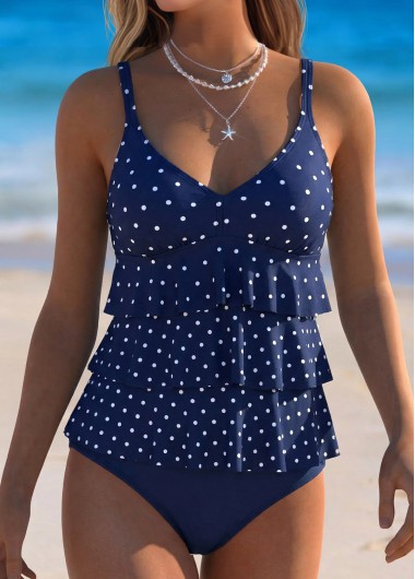 women clothes image of Navy Mid Waisted Ruched Polka Dot Tankini Set