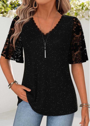 women clothes image of Black Curved Hem Half Sleeve V Neck T Shirt