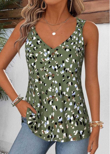 women clothes image of Olive Green Geometric Print Curved Hem Sleeveless Tank Top