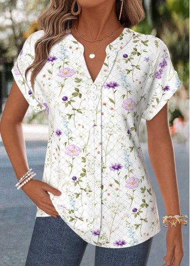 women clothes image of Raw White Floral Print Curved Hem Short Sleeve Blouse