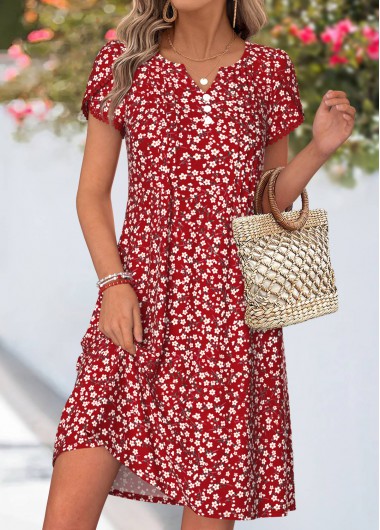 women clothes image of Red Ditsy Floral Print Short Tuck Stitch Dress