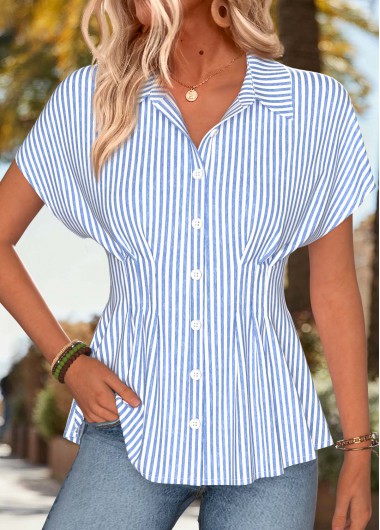 women clothes image of Blue Striped Tummy Coverage Short Sleeve Shirt Collar Blouse