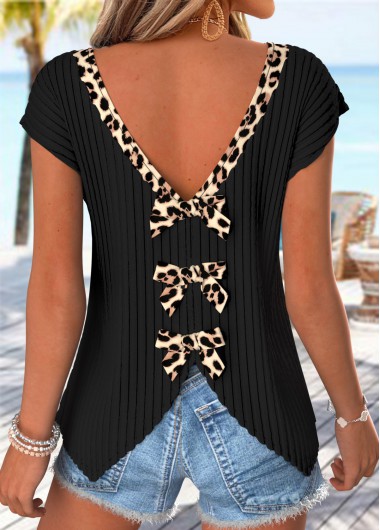women clothes image of Black Leopard Patchwork Short Sleeve V Neck T Shirt
