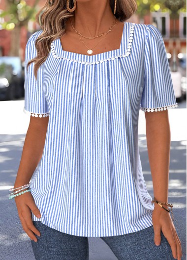 women clothes image of Blue Striped Pleated Short Sleeve Square Neck T Shirt