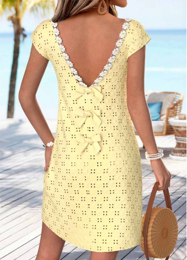women clothes image of Light Yellow Short Bowknot V Neck Dress