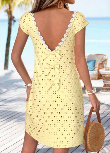 women clothes image of Light Yellow Short Bowknot V Neck Dress