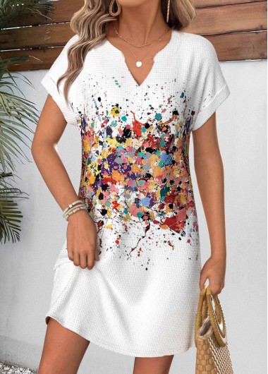 women clothes image of White Geometric Print Short Corset Split Neck Dress