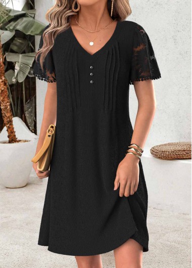 women clothes image of Black Short Tuck Stitch V Neck Dress