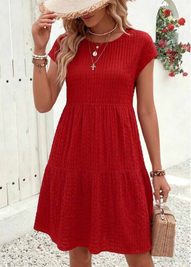 women clothes image of Red Shirred Short Sleeve Round Neck Dress
