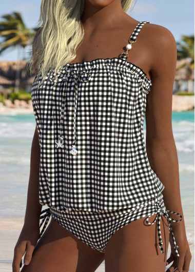 women clothes image of Black Mid Waisted Frill Plaid Tankini Set