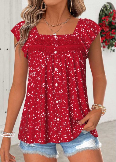 women clothes image of Red Geometric Print Curved Hem Short Sleeve Blouse