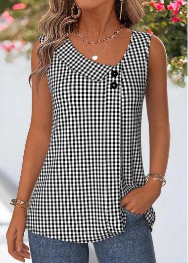 women clothes image of Black Plaid Patchwork Sleeveless Asymmetrical Neck Tank Top