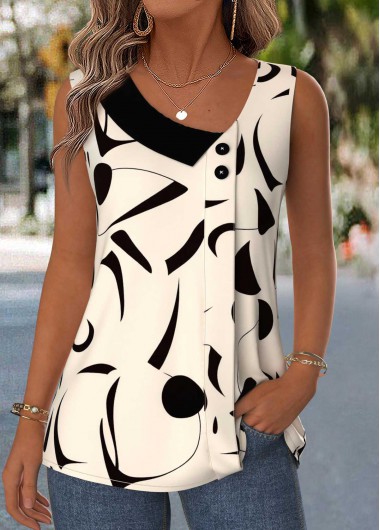 women clothes image of Beige Geometric Print Patchwork Sleeveless Asymmetrical Neck Tank Top
