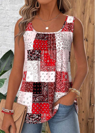 women clothes image of Red Patchwork Tuck Stitch Sleeveless Square Neck Tank Top