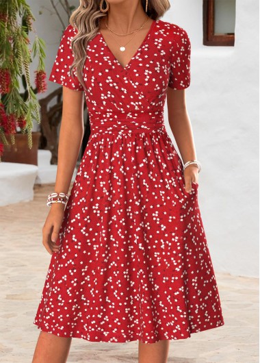 women clothes image of Red Ditsy Floral Print Double Side Pockets Dress
