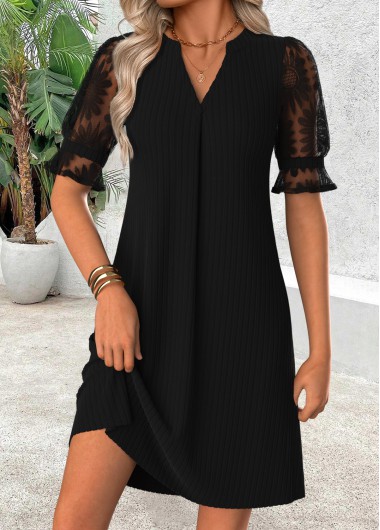 women clothes image of Black Short Shirred Split Neck Dress