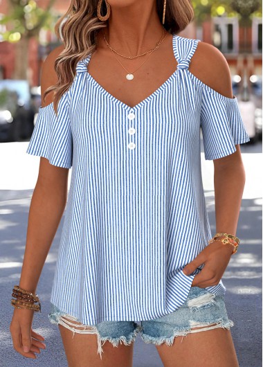 women clothes image of Blue Striped Cut Out Short Sleeve T Shirt