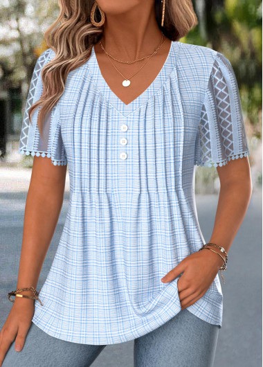 women clothes image of Light Blue Plaid Curved Hem Short Sleeve T Shirt