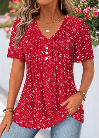 women clothes image of Red Polka Dot Curved Hem Short Sleeve T Shirt