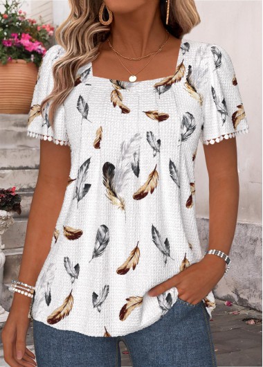 women clothes image of White Feathers Print Pleated Short Sleeve T Shirt