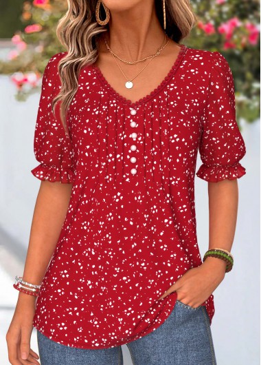 women clothes image of Red Polka Dot Curved Hem Short Sleeve T Shirt