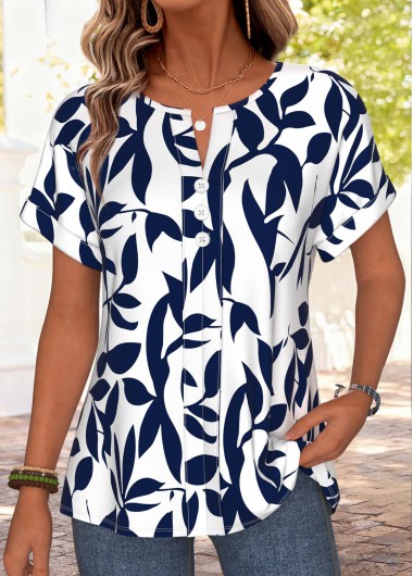 women clothes image of Navy Leaf Print Curved Hem Short Sleeve T Shirt