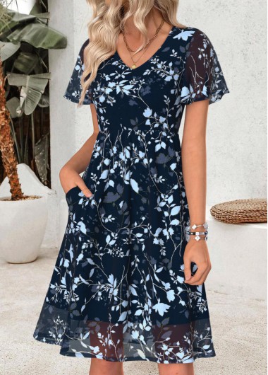 women clothes image of Navy Floral Print Short Double Side Pockets Dress