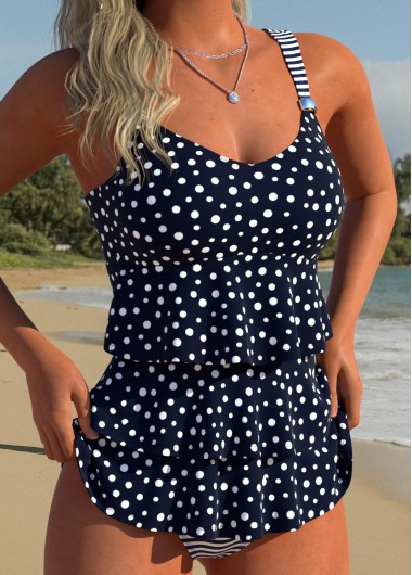 women clothes image of Navy Mid Waisted Tummy Coverage Polka Dot Tankini Set