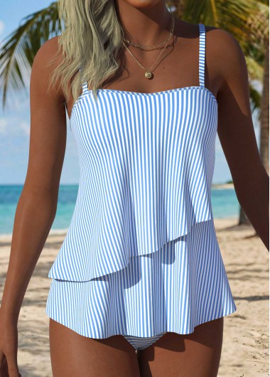 women clothes image of Light Blue Mid Waisted Layered Striped Tankini Set