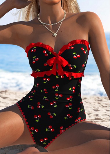 women clothes image of Black Bowknot Fruit Printing One Piece Swimwear