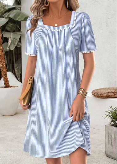 women clothes image of Light Blue Striped Short Tummy Coverage Boat Neck Dress