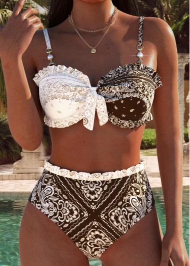 women clothes image of Dark Coffee Mid Waisted Patchwork Tribal Print Bikini Set