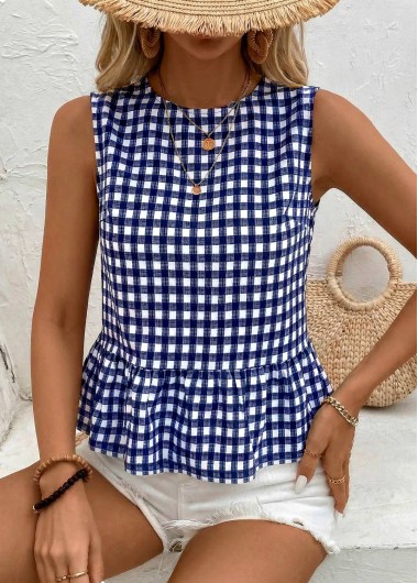 women clothes image of Navy Plaid Patchwork Sleeveless Round Neck Tank Top