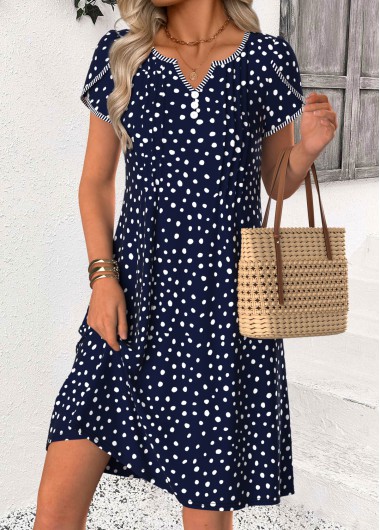 women clothes image of Navy Polka Dot Short Tuck Stitch Split Neck Dress