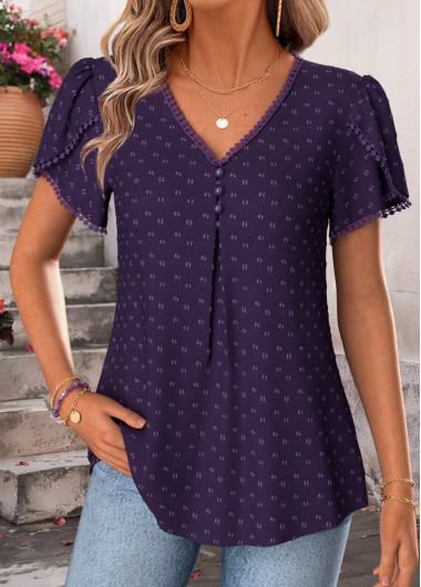 women clothes image of Purple Short Sleeve V Neck Blouse