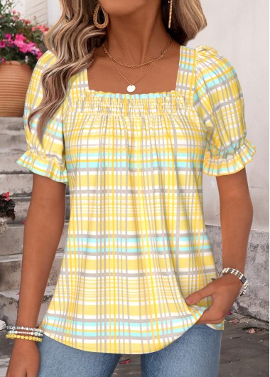 women clothes image of Yellow Plaid Curved Hem Short Sleeve Square Neck Blouse